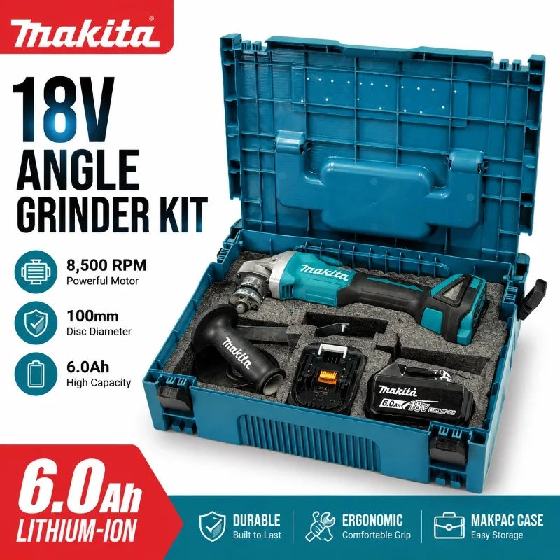Makita DGA404 packaging, blue and black kit with 18V battery