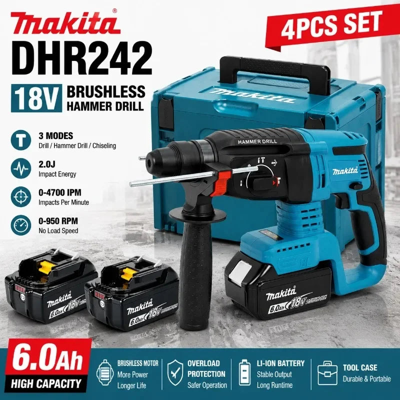Makita DHR242 packaging, cordless rotary hammer drill in blue and black