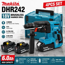 Makita DHR242 packaging, cordless rotary hammer drill in blue and black