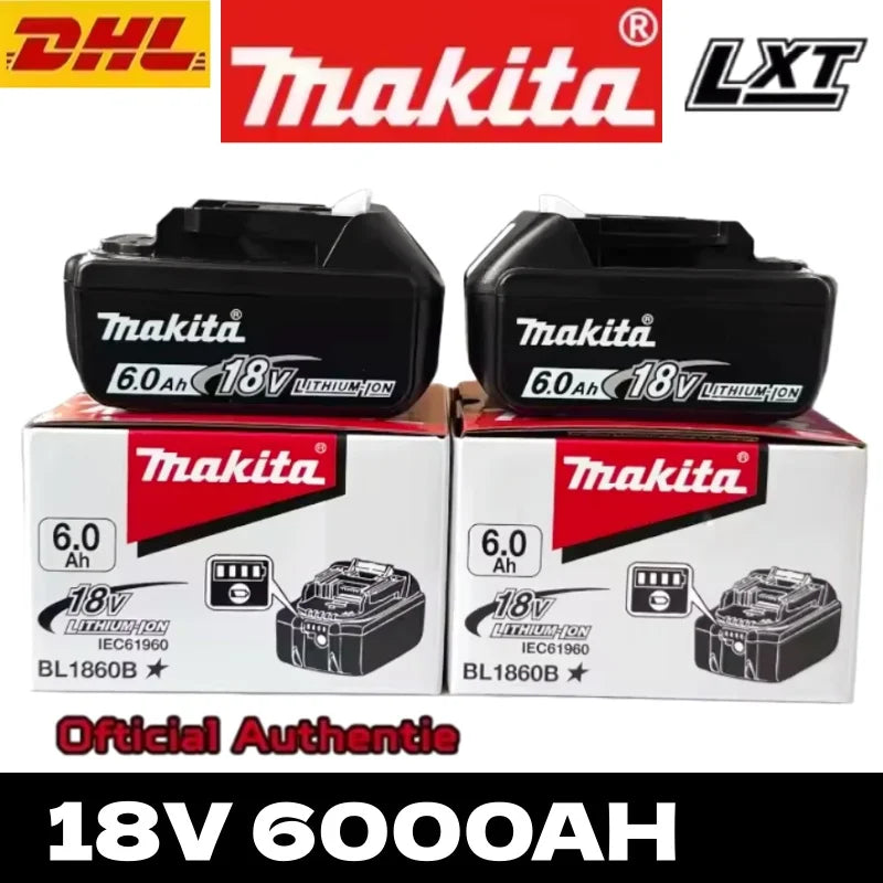 Makita 18V battery packaging, black and red box front view