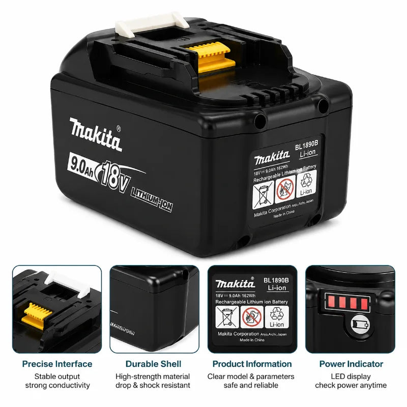 Makita 18V 9.0Ah battery in use, lifestyle shot with black and yellow