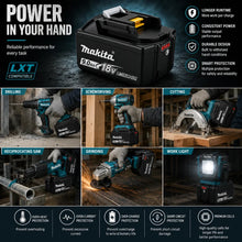 Makita 18V 9.0Ah battery specifications packaging, detail chart visible