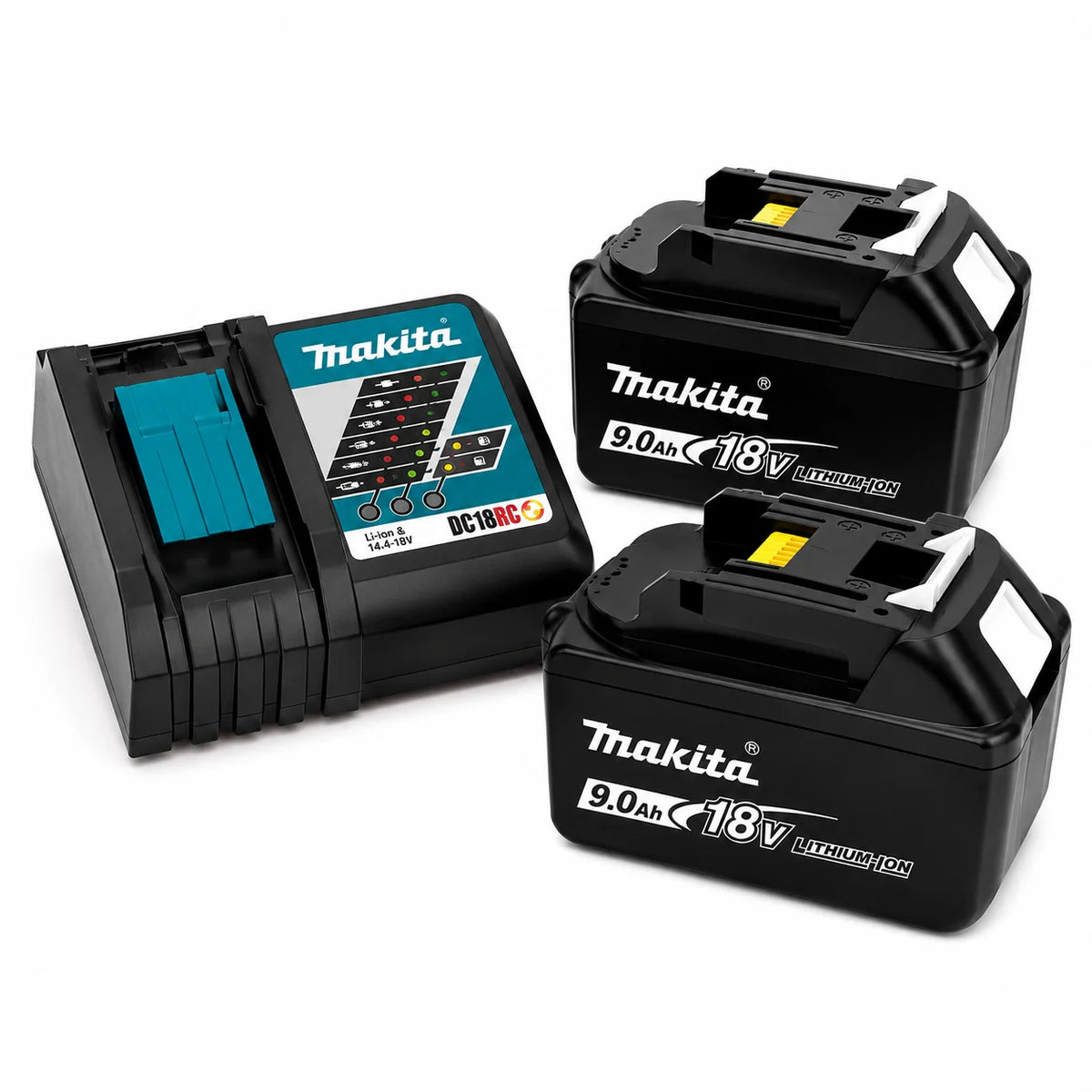 Makita 18V 9.0Ah battery and charger, two units on white