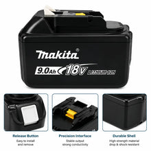 Makita 18V 9.0Ah battery side view, terminals and safety label visible
