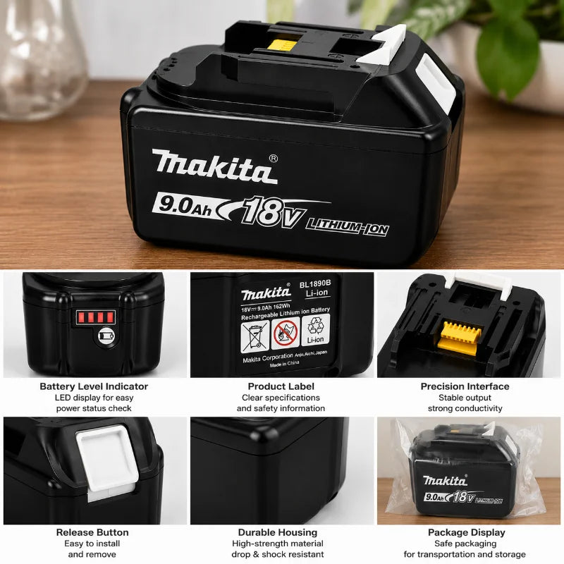 Makita 18V 9.0Ah battery top view, connector and safety label detail