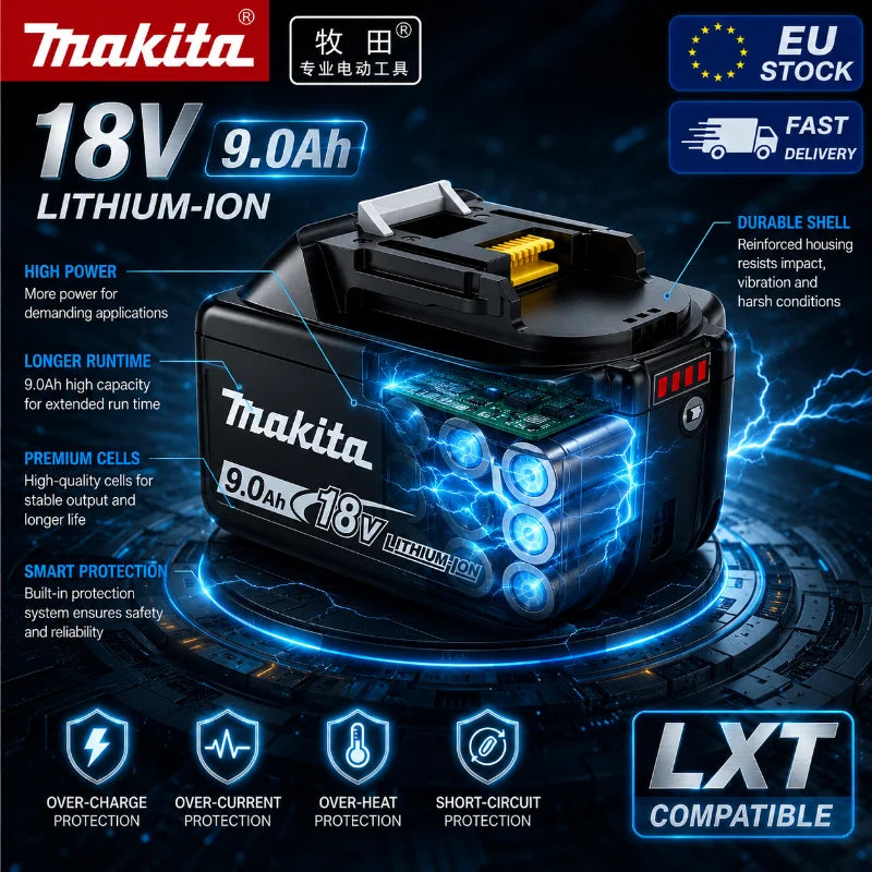 Makita 18V 9.0Ah battery in worksite use, black and blue