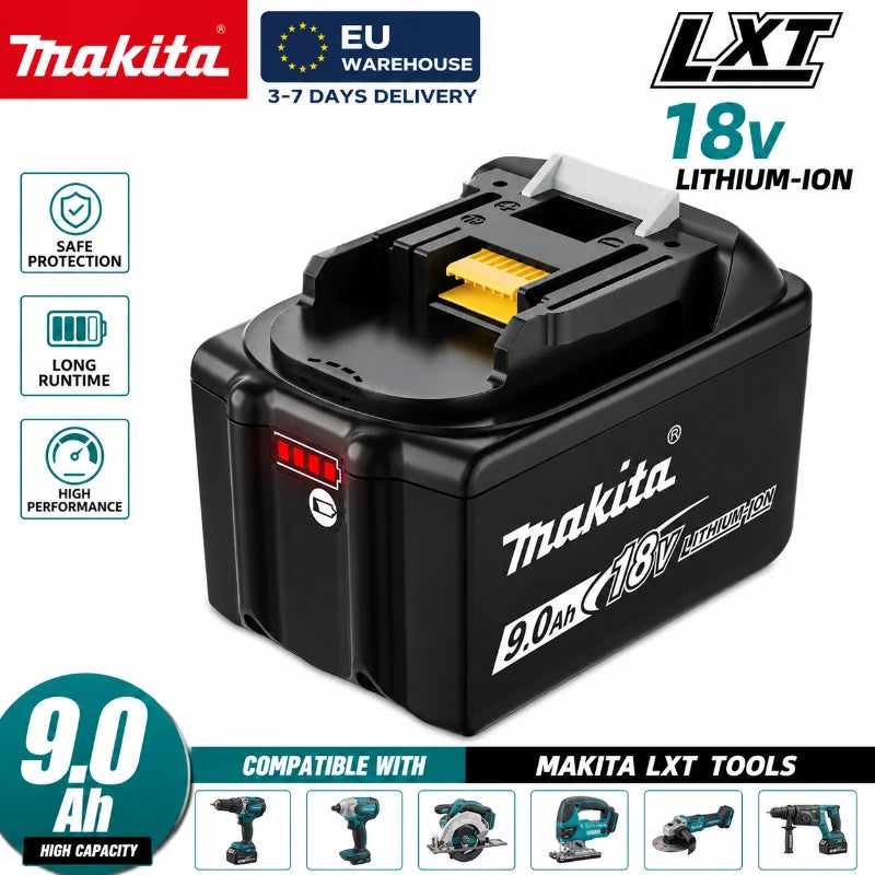 Makita 18V 9.0Ah battery packaging, black and yellow LXT design