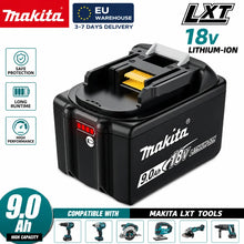 Makita 18V 9.0Ah battery packaging, black and yellow LXT design
