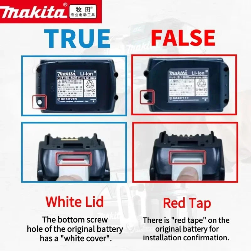 Makita 18V battery comparison with true/false labels on a white background