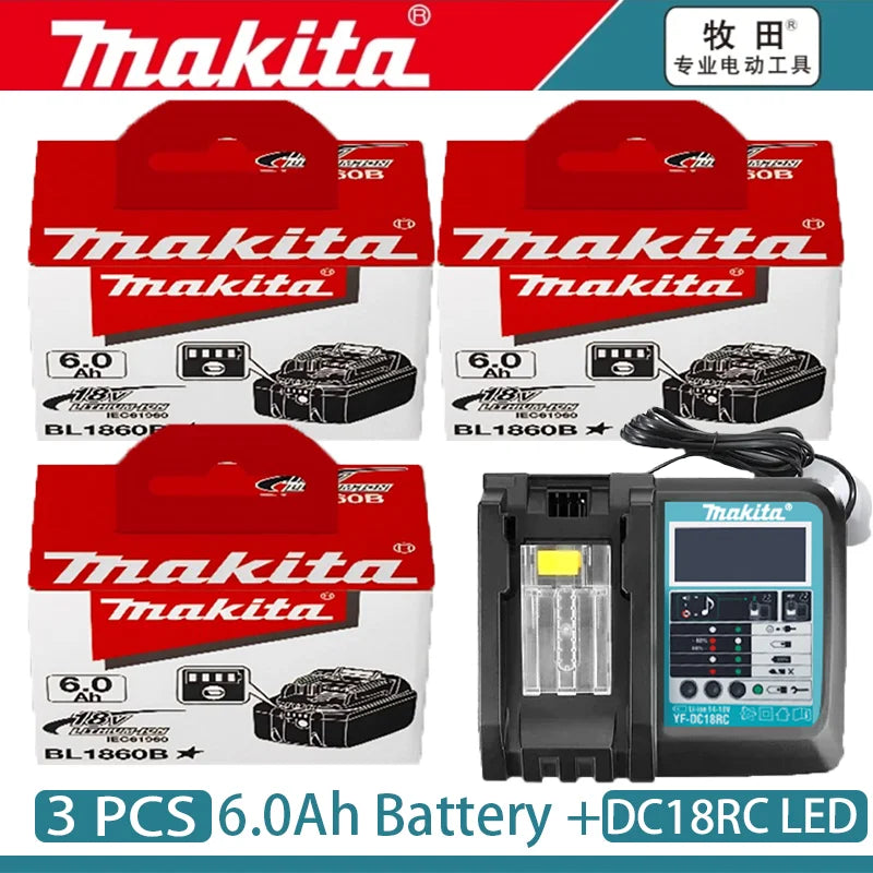 Makita 18V battery packaging, 4-pack with charger included, red and black