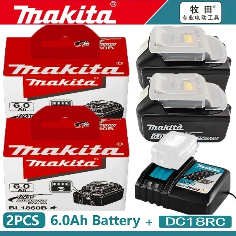 Makita 18V 6Ah battery packaging, 2-pack with LED indicator, red and black