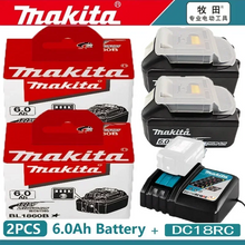 Makita 18V 6Ah battery packaging, 2-pack with LED indicator, red and black