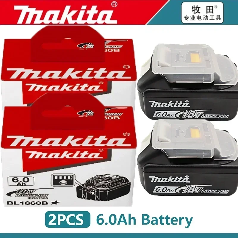 Makita 18V 6Ah battery packaging, 2-pack with charger included, red and black