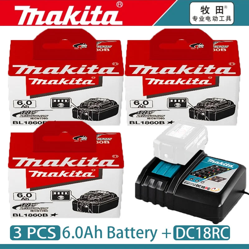 Makita 18V battery packaging, 4-pack with charger included, red and black