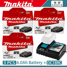 Makita 18V battery packaging, 4-pack with charger included, red and black