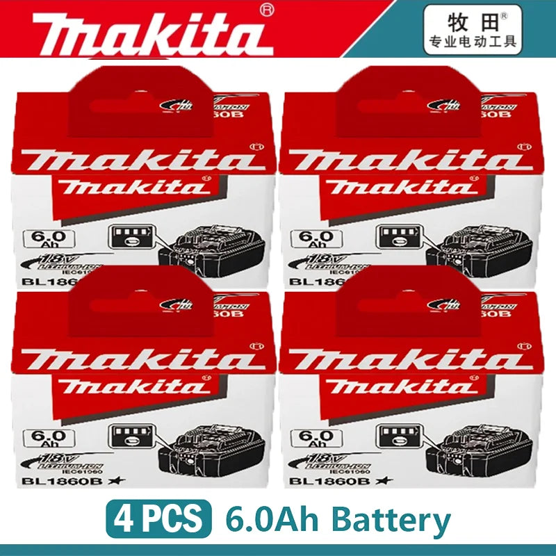 Makita 18V 6Ah battery packaging, 6-pack with battery indicator, red and black