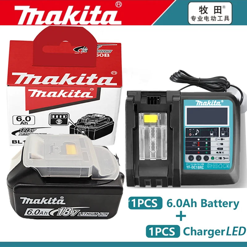 Makita 18V 6Ah battery packaging, 6-pack with battery indicator, red and black
