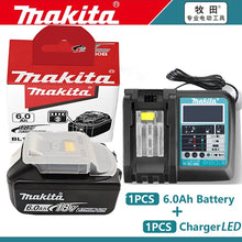 Makita 18V 6Ah battery packaging, 6-pack with battery indicator, red and black
