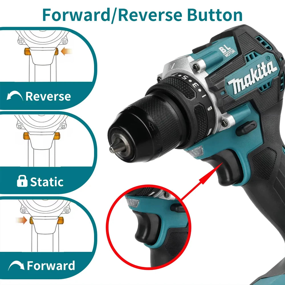 Makita DDF487 forward/reverse button detail with ergonomic grip