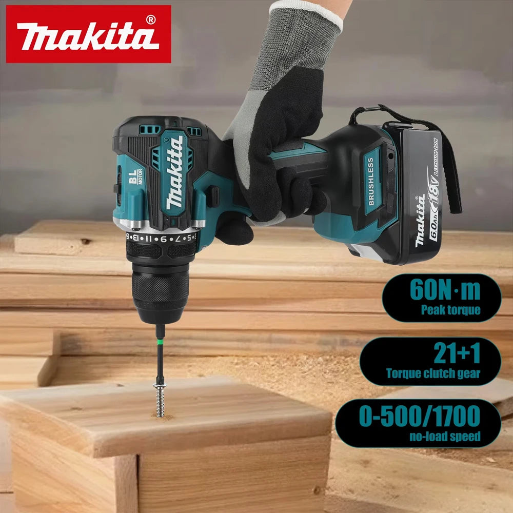 Makita DDF487 front view with battery and 13mm chuck in black and blue