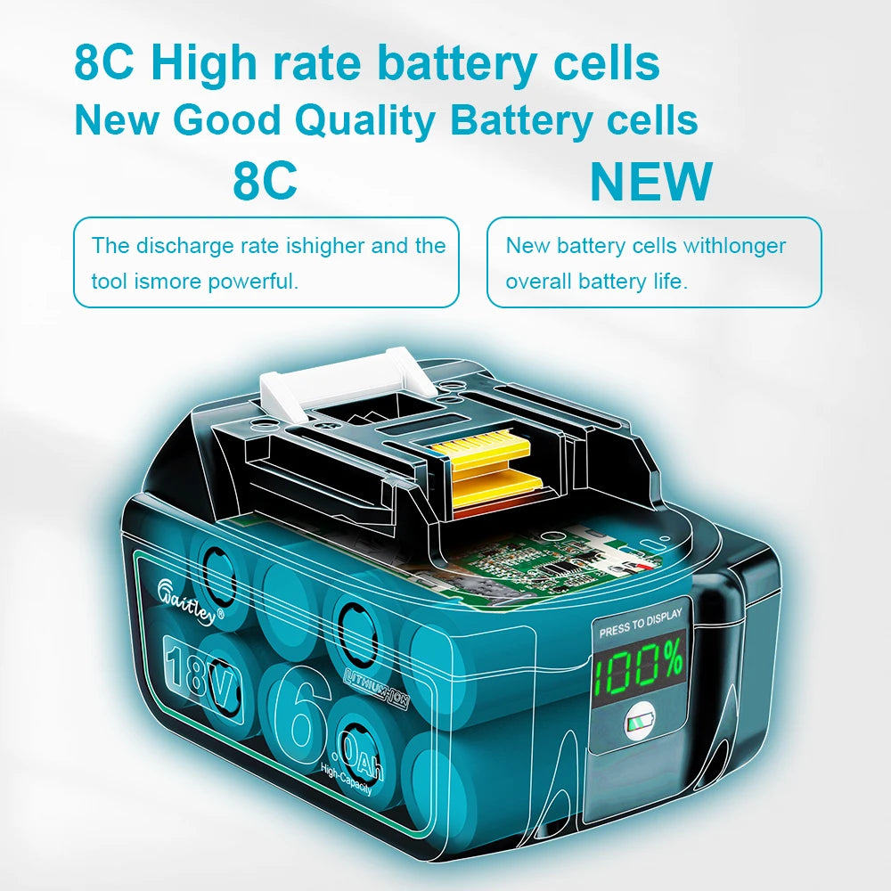 Waitley 18V battery pack detail in blue and black, high-rate cells