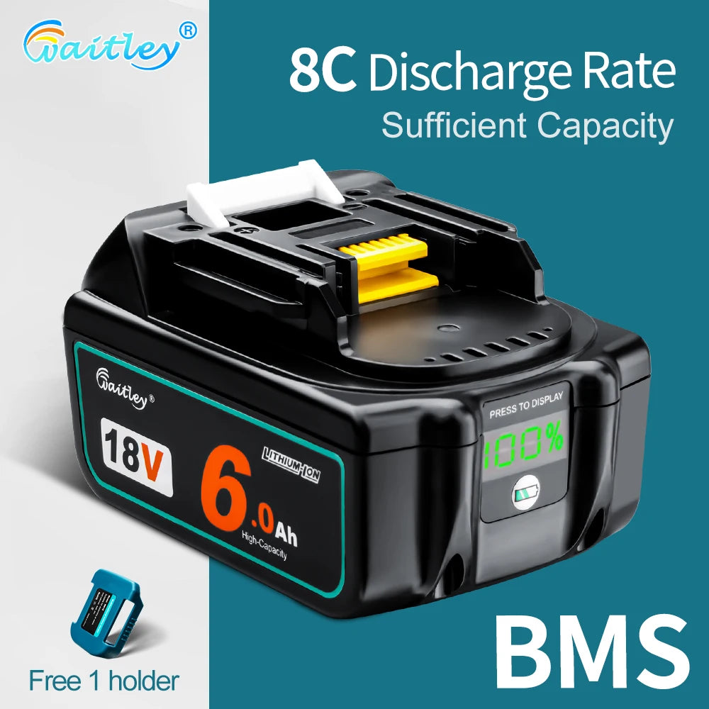 Waitley 18V battery pack detail in black and green with BMS