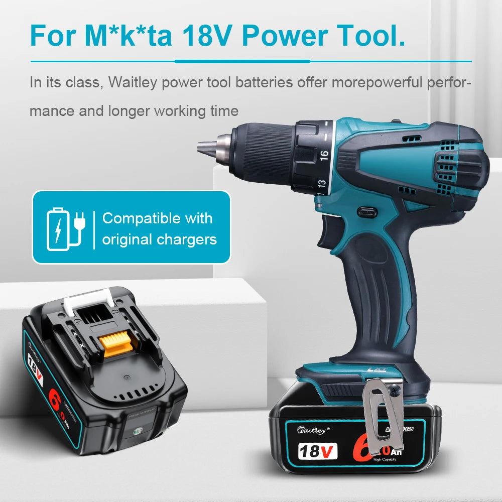 Waitley 18V battery lifestyle with blue power tool, black accents
