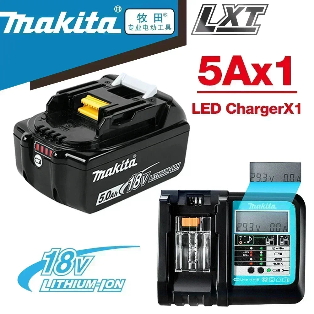Makita battery and charger packaging with five batteries, black blue white, LED display
