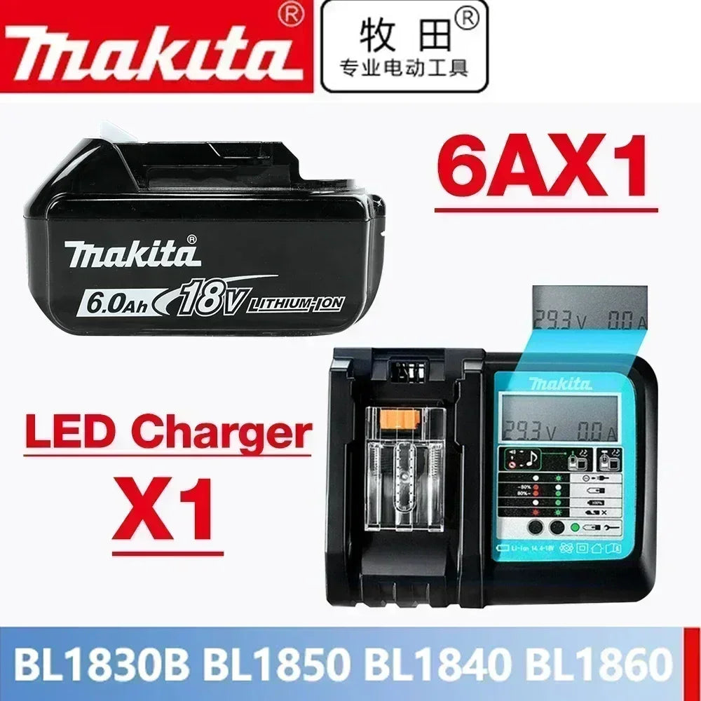 Makita battery and charger packaging with 6Ah battery, black blue, LED display