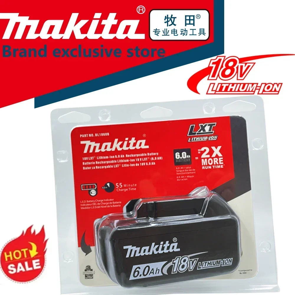 Makita 18V 6.0Ah battery packaging, red and black, 6.0Ah capacity
