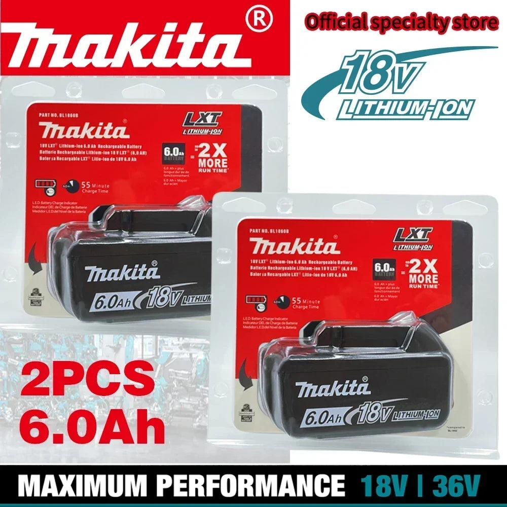 Makita 18V 6.0Ah battery pack packaging, red and black, 6.0Ah capacity