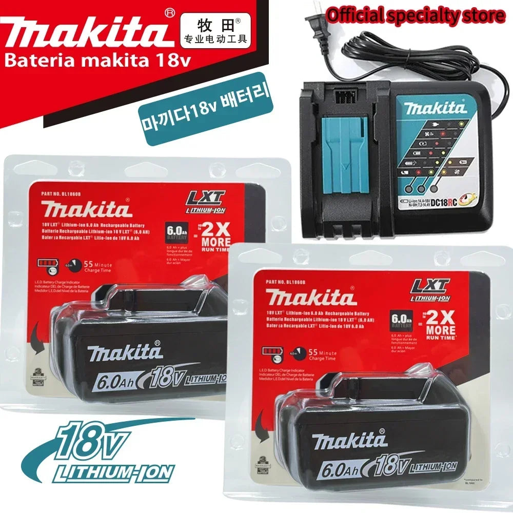 Makita battery and charger set packaging, black and red lifestyle view