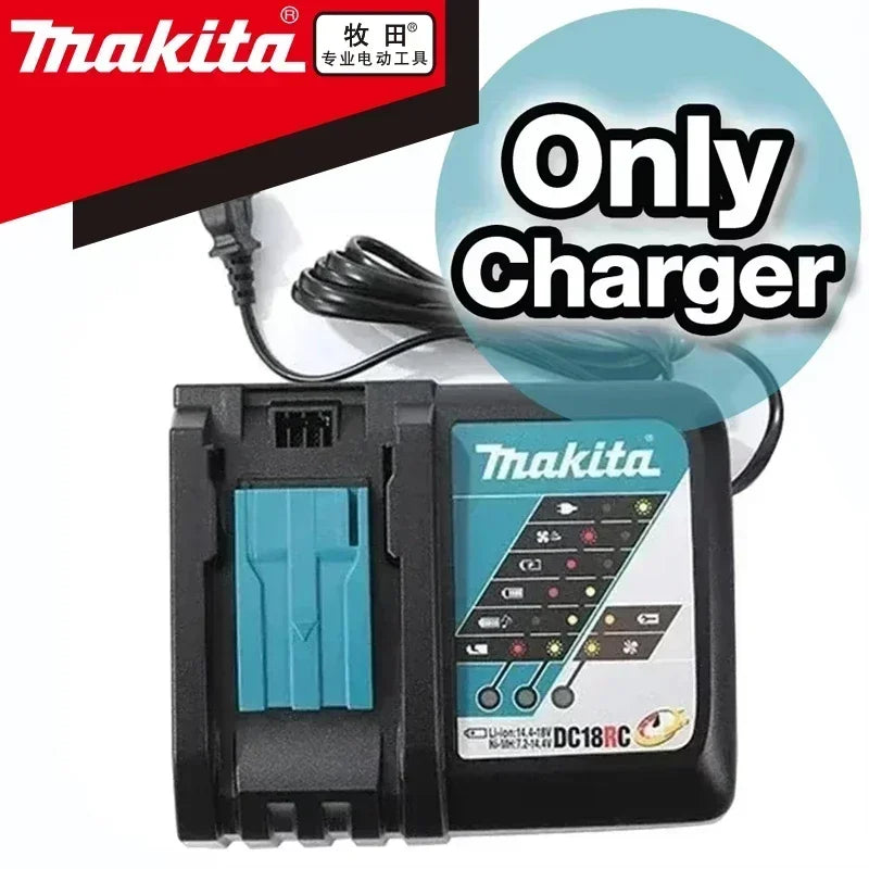 Makita charger packaging, black and blue, compatible with Makita batteries