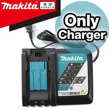 Makita charger packaging, black and blue, compatible with Makita batteries