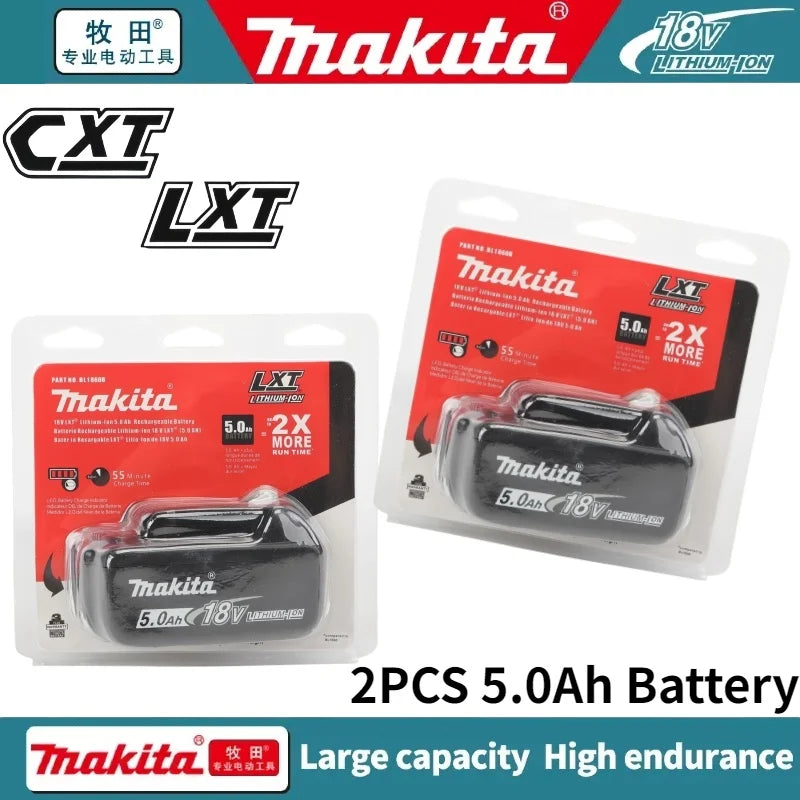 Makita 18V 6.0Ah battery packaging, red and black, high-endurance features
