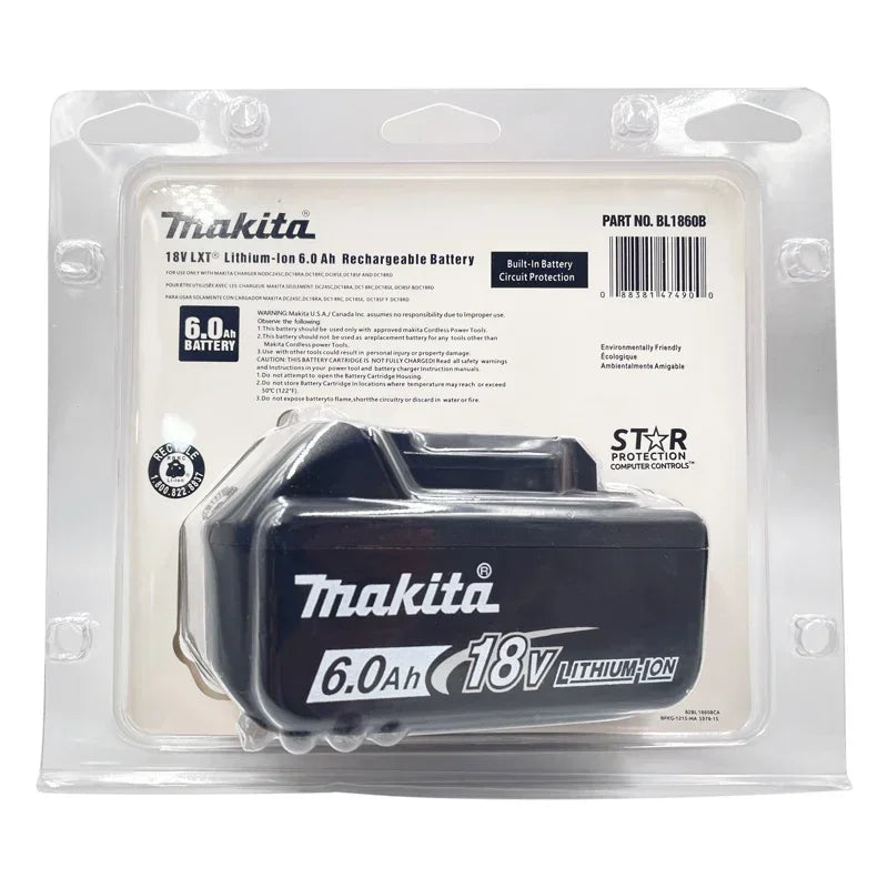 Makita battery pack in sealed packaging, black and blue with brand logo