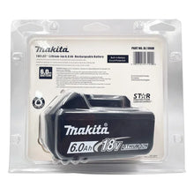 Makita battery pack in sealed packaging, black and blue with brand logo
