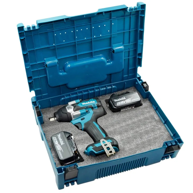 Makita DTW700 packaging, blue and black cordless impact wrench with case