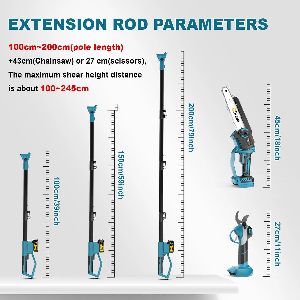 Gisam extension rod parameters detail, blue and white measurement diagram