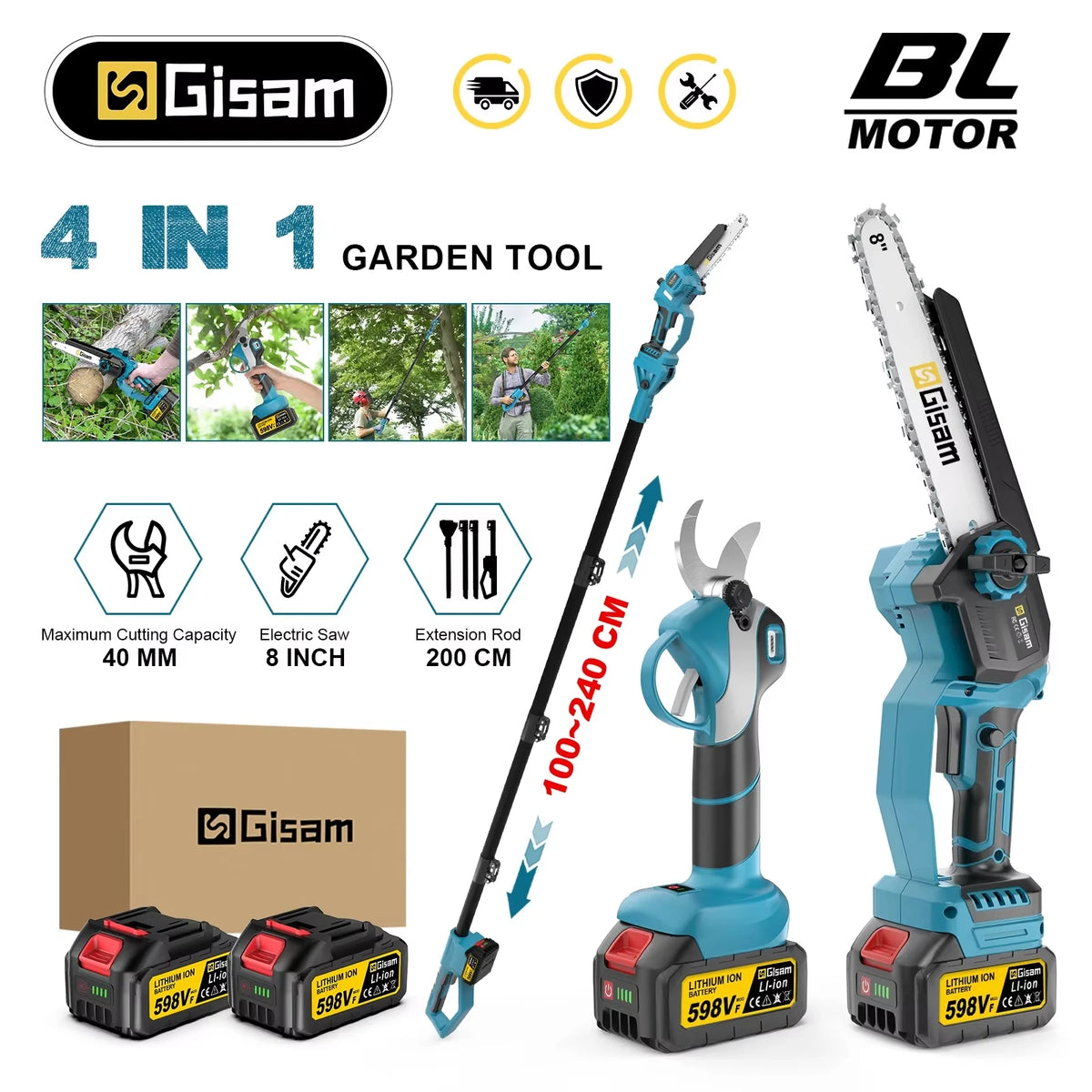 Gisam 4-in-1 brushless chainsaw packaging, blue and yellow set