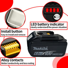 Makita battery detail close-up, LED indicator and metal button