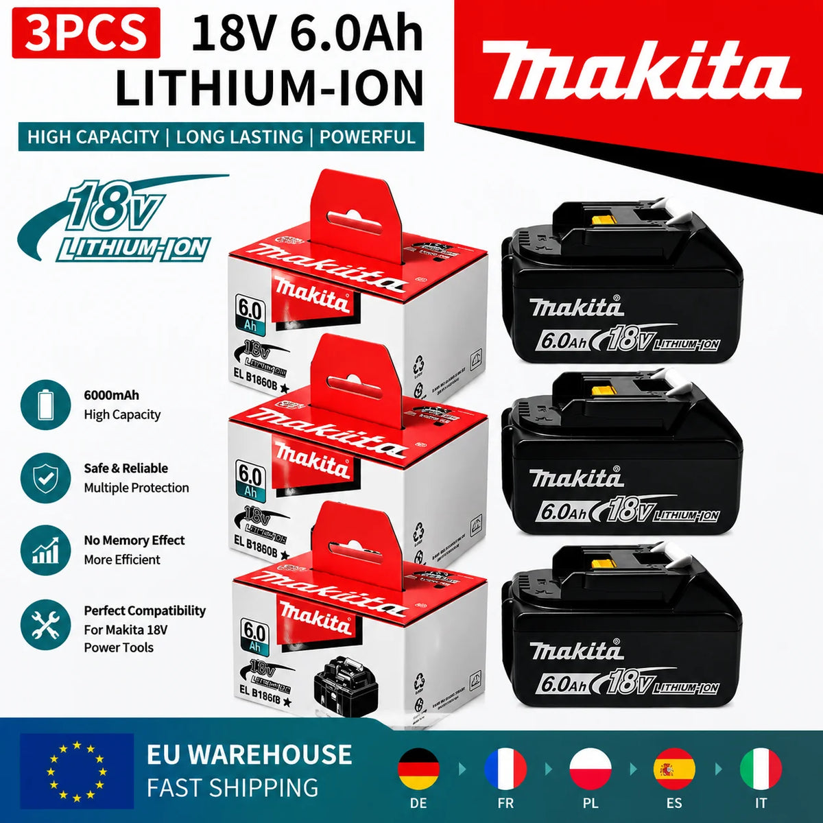 Makita power tool battery detail, high-capacity design in black and blue