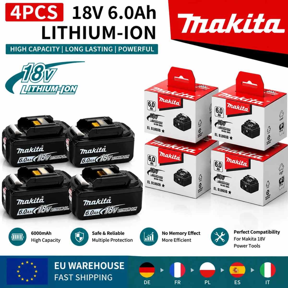 Makita battery pack packaging, 6.0Ah capacity in black and red
