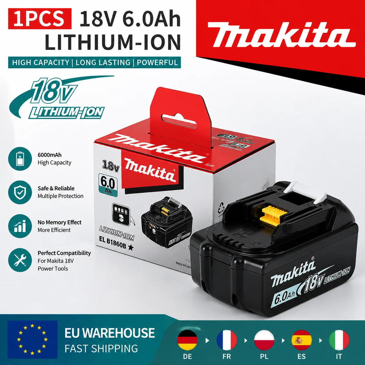 Makita 18V battery packaging, compact design in black and red