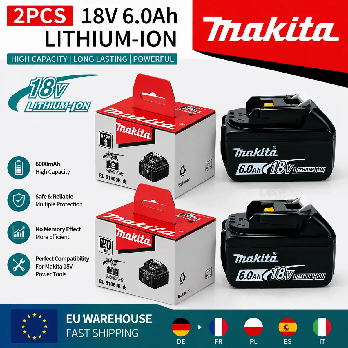 Makita 18V batteries packaging, two units in black and red