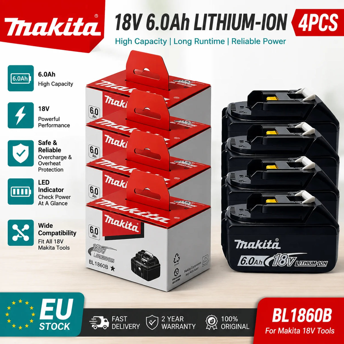 Makita battery charger set packaging, red and black boxes