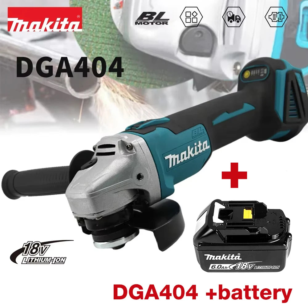 Makita DGA404 side view, blue and black cordless angle grinder with safety guard