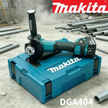 Makita DGA404 lifestyle shot, blue and black cordless angle grinder outdoors