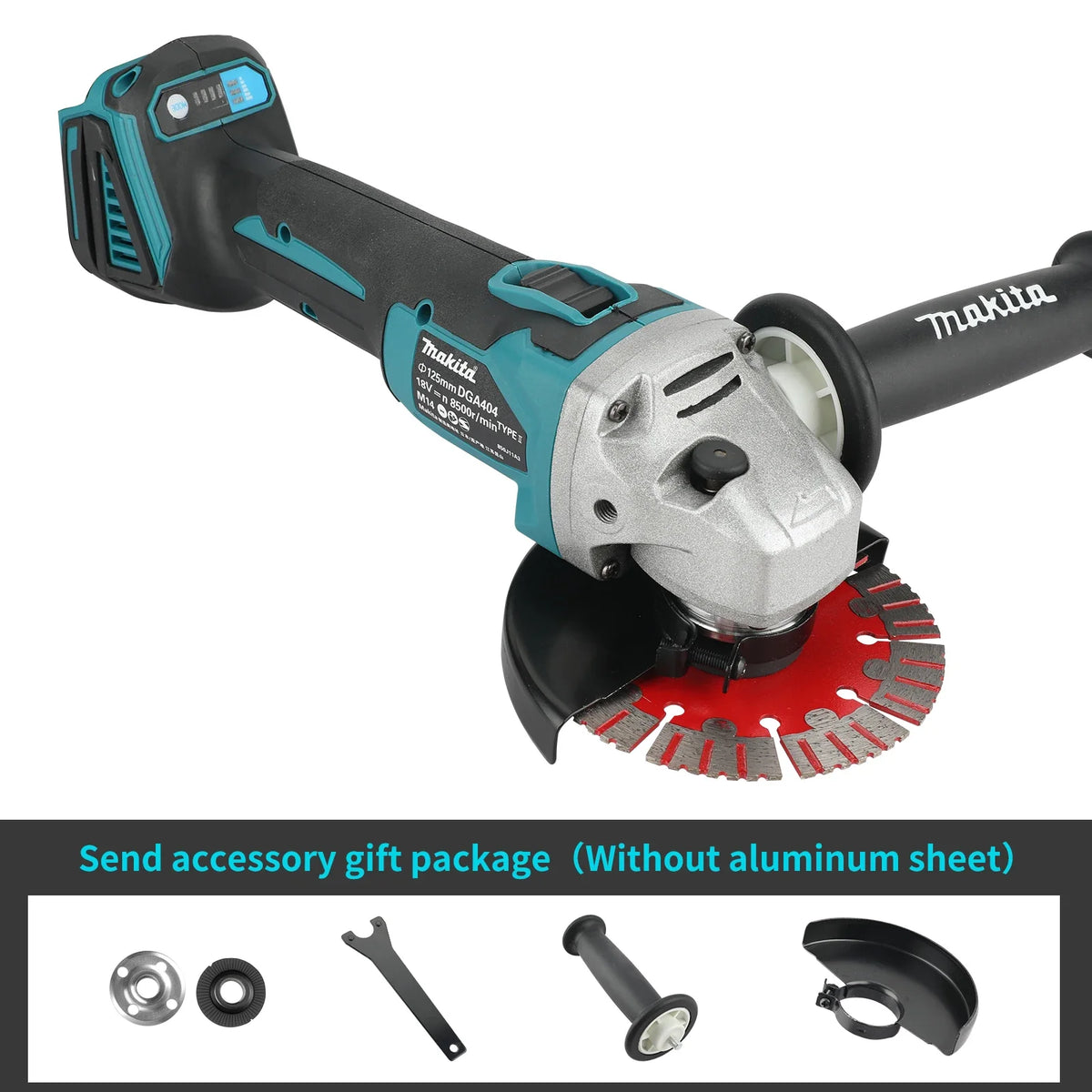 Makita DGA404 accessories side view, cordless angle grinder with disc and screws