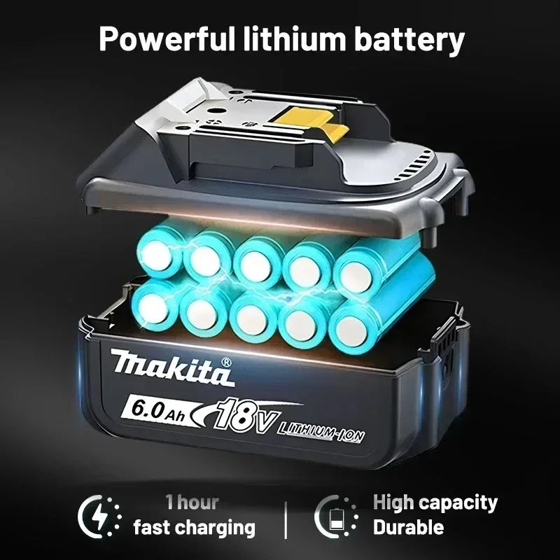 Close-up detail of black and blue Makita lithium battery